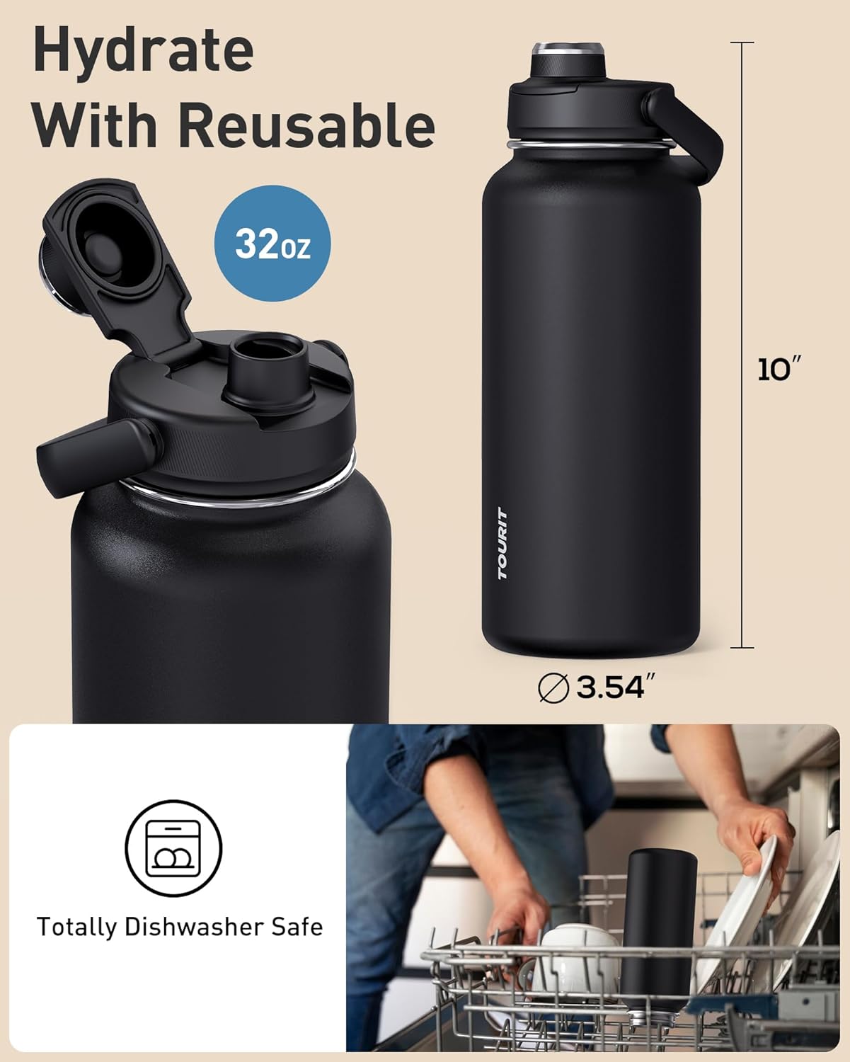 TOURIT 32 oz Insulated Water Bottle, Stainless Steel Sports Water Bottles With Top Handle, Double-Wall Travel Thermal Water Flask, BPA Free Leakproof Water Bottle for Sports and Travel (Obsidian)