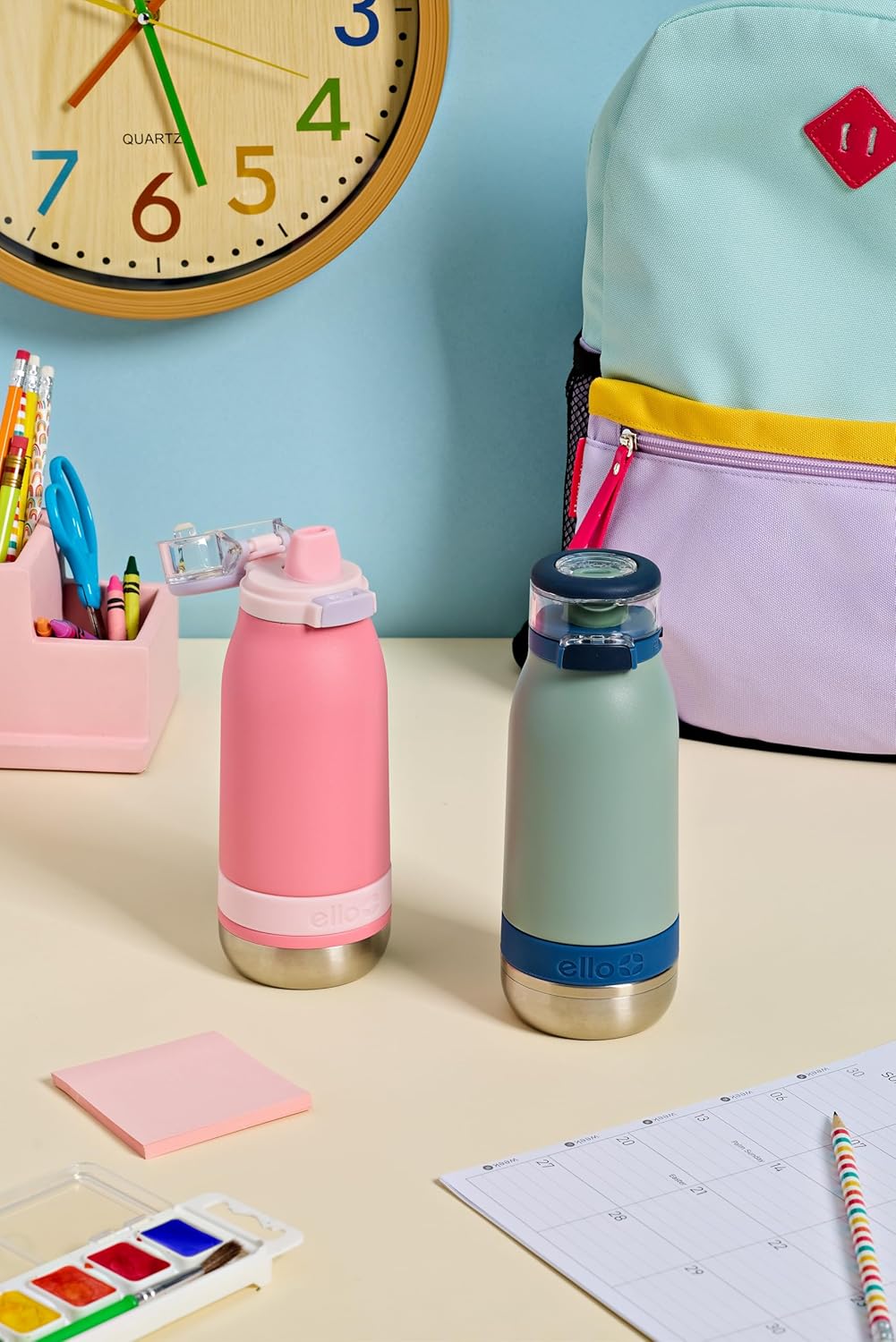 Ello Emma 14oz Vacuum Insulated Stainless Steel Kids Water Bottle with Straw and Built-in Carrying Handle and Leak-Proof Locking Lid for School Backpack, Lunchbox and Outdoor Sports