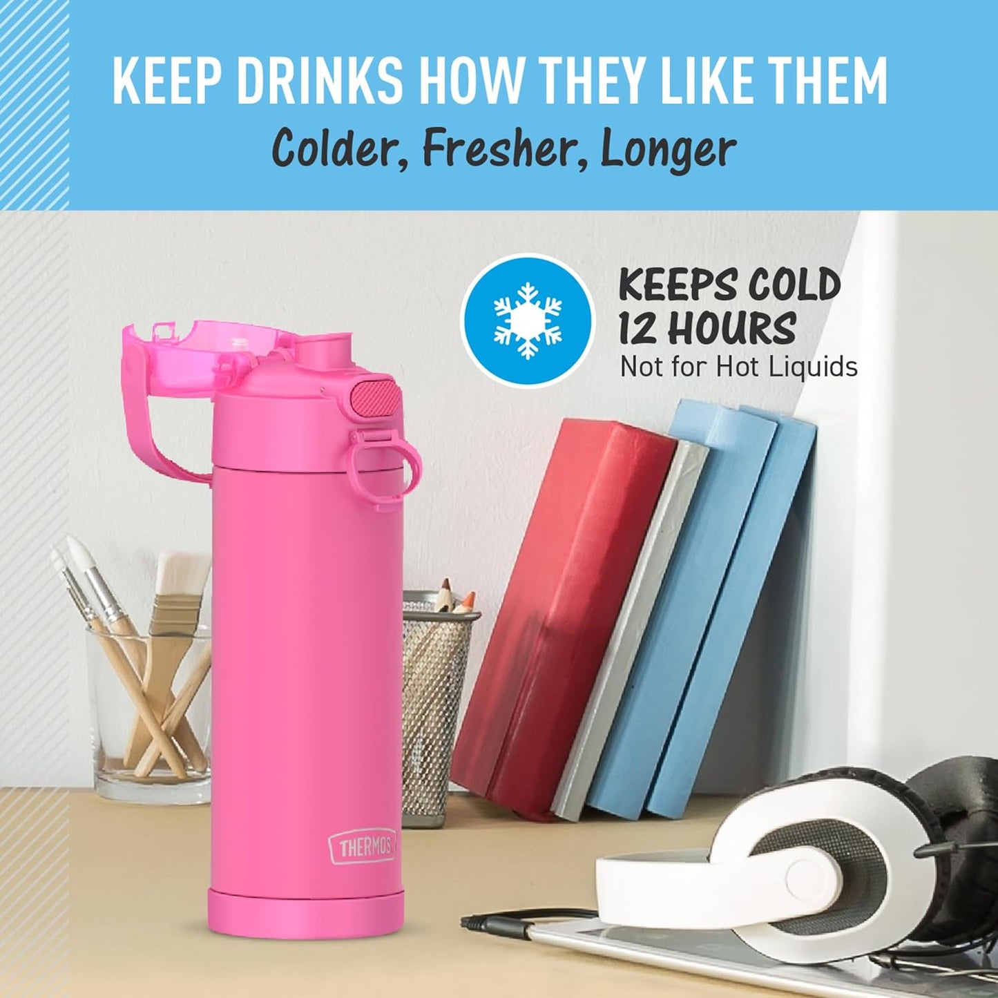 THERMOS FUNTAINER 16 Ounce Stainless Steel Vacuum Insulated Bottle with Wide Spout Lid, Neon Pink
