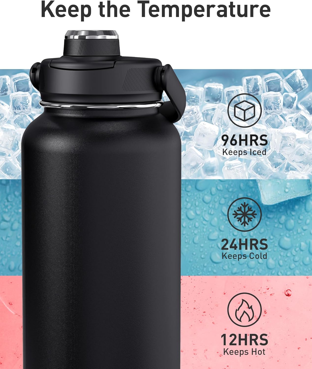 TOURIT 32 oz Insulated Water Bottle, Stainless Steel Sports Water Bottles With Top Handle, Double-Wall Travel Thermal Water Flask, BPA Free Leakproof Water Bottle for Sports and Travel (Obsidian)