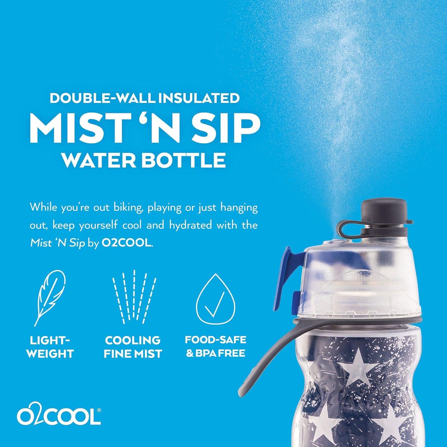 O2COOL Mist 'N Sip Misting Water Bottle 2-in-1 Mist And Sip Function With No Leak Pull Top Spout Reusable Sports Water Bottle - 20 oz (Patriot)