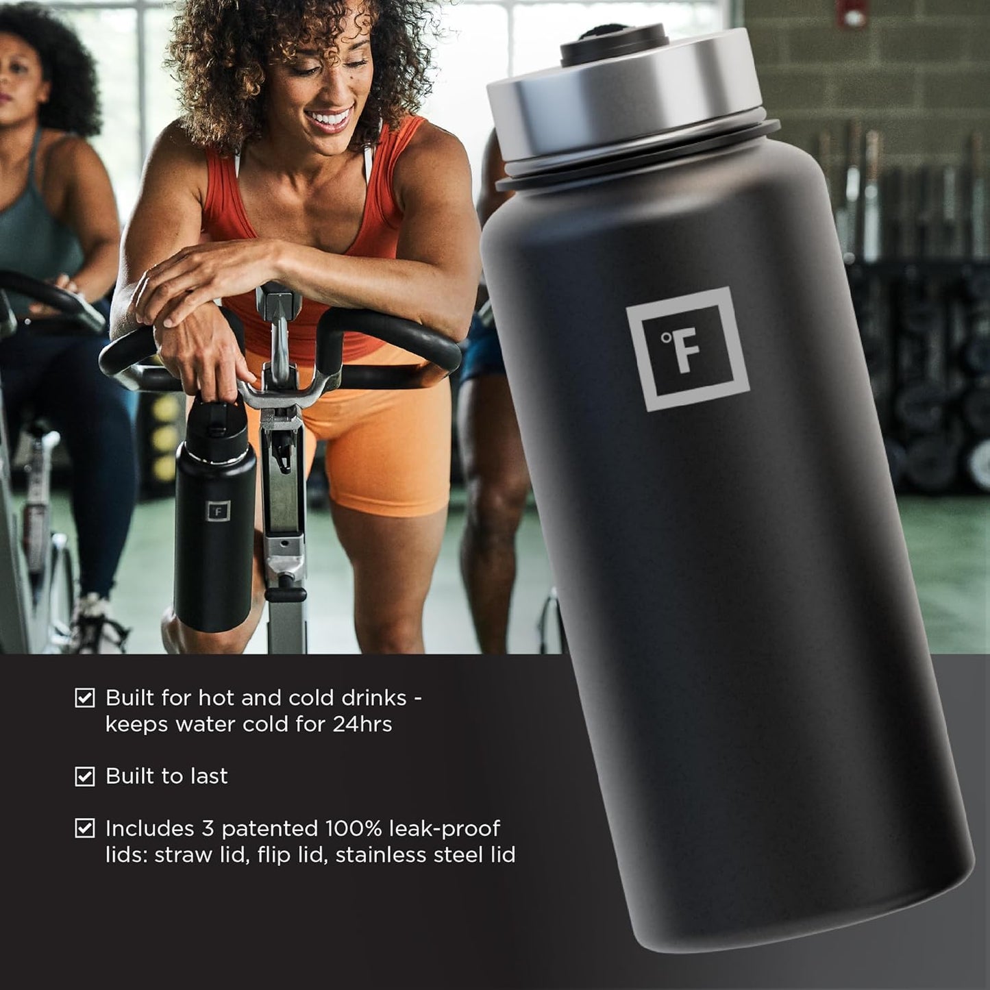 IRON °FLASK Camping & Hiking Hydration Flask with 3 Lids - Stainless Steel, Double Walled & Vacuum Insulated Water Bottle - Leak Proof & BPA Free 32 Oz